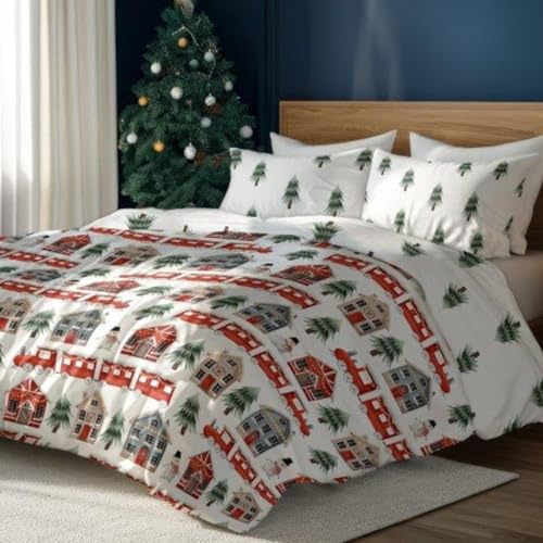 Faro Bettwäsche Set Baumwoll Weihnachtsbettwäsche (Weiß Bunt – Winterzug, 140x200 + 70x90 (2 TLG))