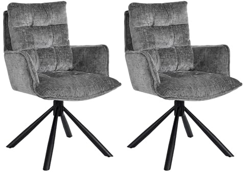 Duhome 2er Set Esszimmerstuhl mit Armlehnen Schminktischstuhl aus Chenille 360° Drehbar Automatische Rückstellfunktion Sessel für Schlafzimmer Wohnzimmer Büro, Grau
