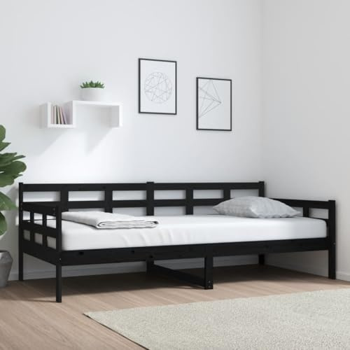 Tonture Tagesbett Schwarz Massivholz Kiefer 90x200 cm, Robustes Einzelbett für Gästezimmer, Jugendzimmer, multifunktionales Schlafsofa, langlebige Bettrahmen-Konstruktion