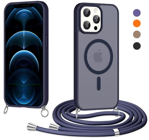 Olgary Funda Magnética con Cuerda para iPhone 12 Pro MAX, Compatible con MagSafe, Carcasa Antigolpes Case Translúcida Mate Anti-Arañazos, Protectora Case con Ajustable Cordon Colgante Cadena, Azul
