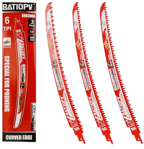 BATIOPV Reciprocating Saw Blades 3 Piece Set 300 mm – 6 TPI Japanese Tooth, Curved Pruning Blades for Wood, Firewood & Tree Cutting – 1/2 Universal Fit