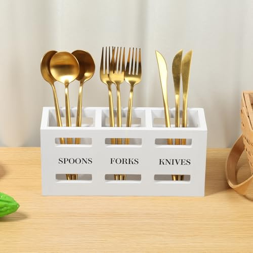 QINGLANG Wooden Cutlery Holder with Handle Cutlery Caddy Organiser 3 Compartment Farmhouse Kitchen Utensil Holder Large Silverware Flatware Caddy for Kitchen Countertop, Picnic, BBQ & Dining Table