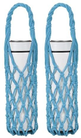 YELARXI 2Pcs Crochet Water Bottle Carrier Bag for Hiking Light Blue | Handwoven Cotton Rope Cup Holder with Braided Handle, Reusable Handheld Water Bottle Bag for Hiking Travel Shopping
