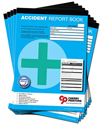 Cherry GDPR-konformes Unfallberichtsbuch, A5, 50 Unfallformulare, RIDDOR- und HSE-konform, perforiert für einfaches Entfernen, 80 g/m²-Papier, genäht am Kopf, hergestellt in Großbritannien, 10 Stück