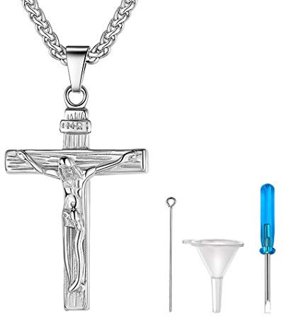 Richsteel INRI Cross Pendant Cremation Necklace, Crucifix Pendant & Resizable Wheat Chain, Can Put Ashes(With Tools), 316L Stainless Steel Memory Religious Jewelry Cremains Necklace
