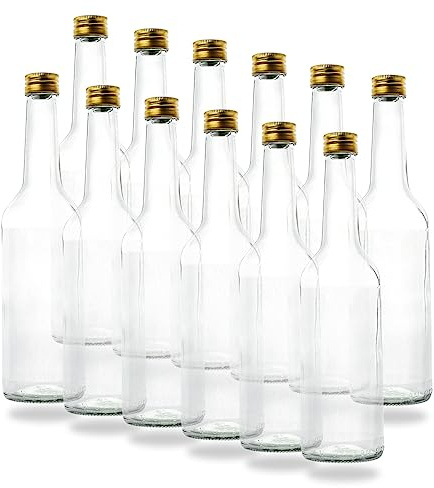 Flaschenbauer - 12 kleine Glasflaschen 500ml (0,5 l) mit PP28 Schraubverschluss gold - leere Flaschen zum Befüllen z.B. leere Weinflaschen, kleine Schnapsflaschen