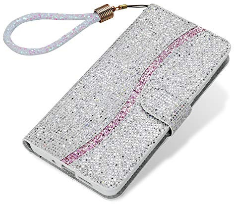Tiyoo Phone Case for iPhone 11 Flip Case Bling Glitter Sparkle Case, 3D Sequins Leather Wallet Cover with Magnetic Closure, Support Stand and Card Slots, with Lanyard Strap (Silver/White)