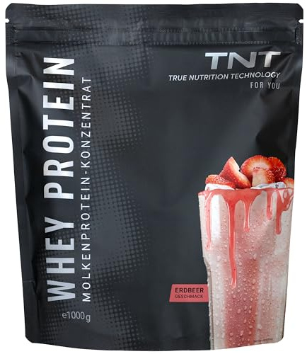 TNT Whey Protein Pulver - 1kg - Molkeprotein Konzentrat - Erdbeere | Eiweiß Shake mit EAAs & BCAAs - Mit Laktase - Für Muskelaufbau & -erhalt - Post-Workout-Shake - 22g Eiweiß pro Portion