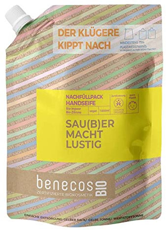benecosBIO - Nachfüllbeutel Handseife BIO-Ingwer + BIO-Zitrone SAU(B) ER MACHT LUSTIG - vegan - recyceltes Plastik