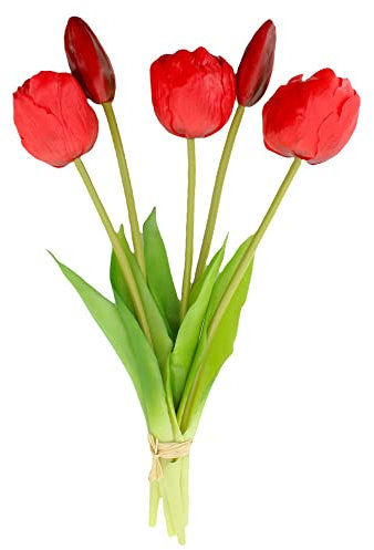 MIJOMA Künstliche Tulpen, künstliche Blumen, Real Touch,Tisch-Dekoration (5 Stück - Länge 28cm, rot)