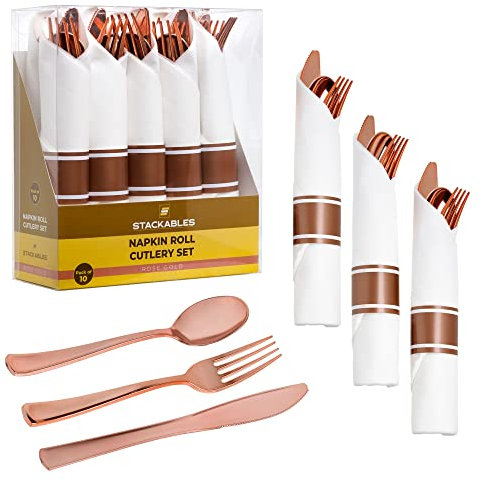 STACKABLES ~ 10 Pack Cutlery Sets ~ Elegant Plastic Silverware Set with Spoon Fork Knife Wrapped in White Napkin Reusable Flatware (Rose Gold)