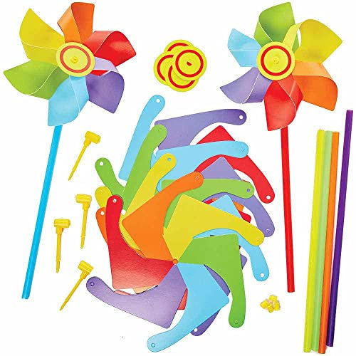 Baker Ross FC771 Regenbogen Windmühle Bastelset - 3er Pack, Gemischte Farben, Windrädchen Basteln für Kinder, Kindergeburtstage oder Kindergarten