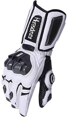 Harssidanzar Motorradhandschuhe aus Leder für Männer und Frauen,Touchscreen Powersports-Carbonfaser Knöchelschutz Motorradhandschuhe KM045,Weiß schwarz,Größe L