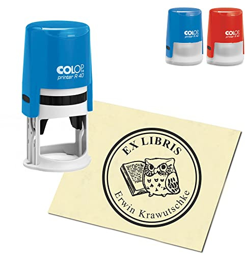 Ex Libris Stempel personalisiert rund Exlibris - Eule mit Buch - 40mm COLOP Automatikstempel als Namensstempel Bürostempel