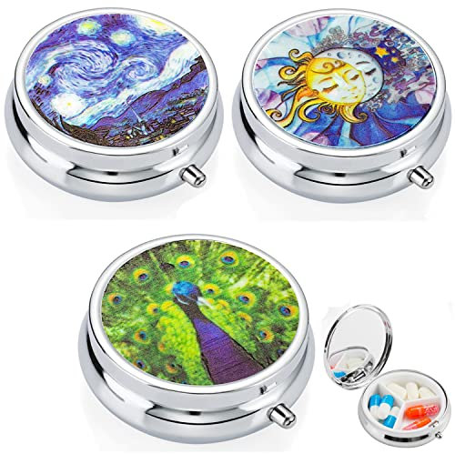 3 Stk Metall Pillendose Rund, Klein Tablettendose Pill Box 3 Fächer Tragbare Reise Edelstahl Pillendose Vintage Muster mit Spiegel Vitamine Medizin Tablet Organizer Case für Tägliche und Reise