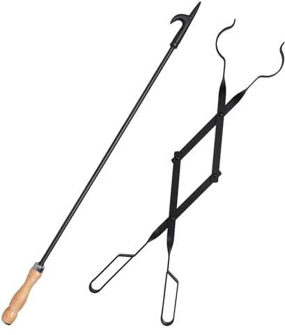 Heavy Duty 32” Long Fireplace Fire Pit Campfire Poker Stick and 26” Fireplace Tongs Tool Sets, Log Grabber, Rust Resistant Black Finish Camping Fireplace Tools for Indoor/Outdoor