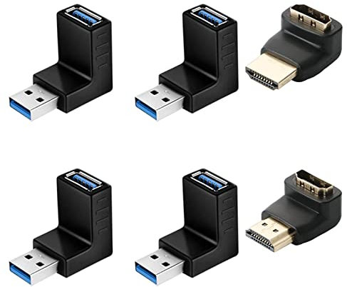 GTIWUNG 4 Piezas Adaptador USB 3.0 90 Grados Arriba Adaptador Vertical Hombre a Mujer Adaptador, Adaptador USB 3.0 en ángulo, 2 Piezas Adaptador HDTV Macho a Hembra de 90 y 270 Grados