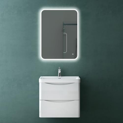 Mai & Mai Badmöbel Set Waschtisch mit Unterschrank Waschbeckenunterschrank mit Softclose Schubladen inkl. Waschbecken LED-Badspiegel 60cm in Weiß Smile