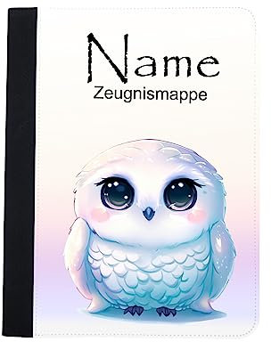 Zeugnismappe mit Name | Zeugnismappe personalisiert | mit Klarsichthüllen A4+ | Urkundenmappe | personalisierte Dokumentenmappe mit Platz für U-Heft, Impfpass, Schwimmpass, Fahrradpass (Schneeeule)