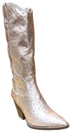 ABSOLEX Women Western Cowgirl Cowboy Pointed Toe Rhinestone Knee High Boots, Rose Gold, 7 UK