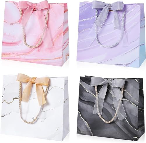BBILKE Sacchetti Regalo Medie - 4 Sacchettini Borsa Regali Compleanno in Carta, Buste Regalo Rosa Grandi Elegante con Manici per Donne Ragazze San Valentino Festa di Nozze Natale (Marmo Colorato)
