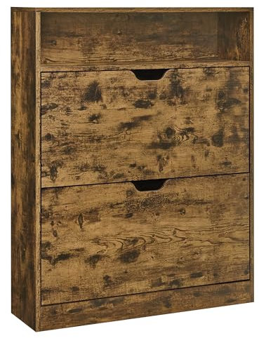 VASAGLE Meuble à Chaussures 2 Portes Battantes, Étagère à Chaussures, Compartiment Ouvert, Séparateur Réglable, 11 à 16 Paires, pour Petite Entrée, 24 x 80 x 102 cm, Marron Rustique LBC048B01