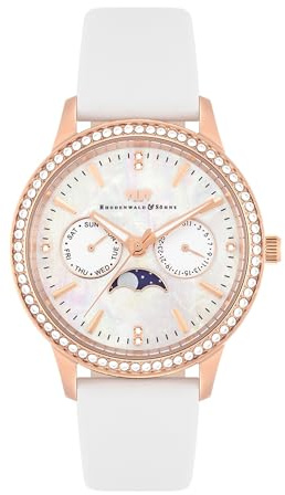 Rhodenwald & Söhne Damen Uhr Edelstahl roségold Quarzwerk 3 ATM | Echtleder Armband, weiß, keine Prägung, Multifunktion(en), Zifferblatt weiß, Mineralglas, Armbanduhr, Fashion-Uhr