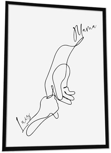 JUHMI Bild Familie Personalisiert mit Namen One Line Art, DIN A5 (15x21 cm) Rahmen wählbar, personalisierte Geschenke zum Einzug Hausbau Wohnung Einzugsgeschenk Deko Flur Bilder, 2 Köpfige Familie