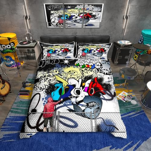 Homewish Juego de Funda de Edredón King con Graffiti para Adolescentes Hip Hop, Juegos de Ropa de Cama para Niños, Funda de Edredón con Diseño de Arte de Pared de Graffiti Abstracto Hippie Urbano con