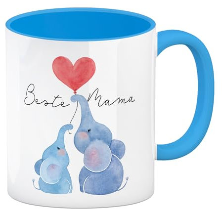 Elefant Mutter und Kind Kaffeebecher in hellblau mit Spruch Beste Mama Muttertagsgeschenk voller Liebe Herz-Design familiäre Tierbindung