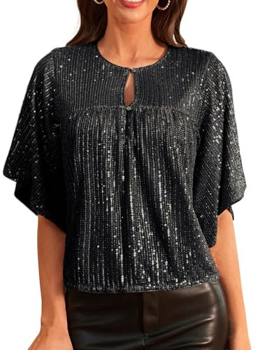 GRACE KARIN Damen Pailletten Top Rundhals Langarm Glitzer Party Oberteil Schwarz 2XL