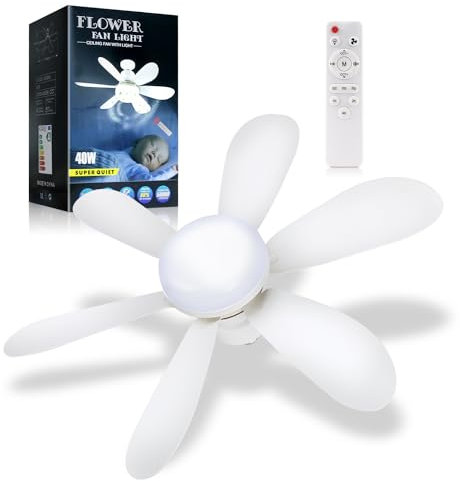 MILIEUR Socket Fan with Light and Remote Control, E26/E27 Screw Dimmable Ceiling Fan for Bedroom Kitchen Balcony,White