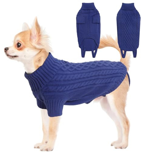 LiebeDD Hundepullover - Kuschelig Hundepulli Kleine Hunde, Rollkragen Strick Pullover Hund mit Beinschlaufe und Geschirrloch, Kleidung für Chihuahua Rehpinscher Katzen, Dog Sweater (Dunkelblau S)