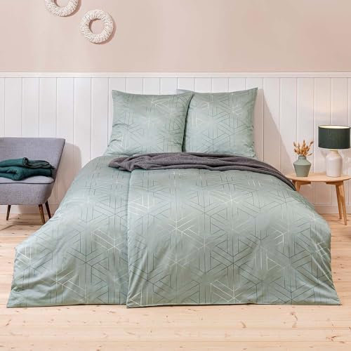 ESTELLA Mako-Satin Bettwäsche 155x220 Luan Oliv Uni Waben 7919-540