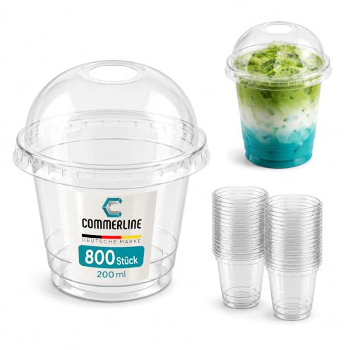 Commerline Smoothie Becher, 200 ml, 800 Stück, Slush Becher mit Domdeckel | Transparentes R-PET, Plastikbecher mit Deckel, Dessertbecher, Bubble Tea Becher, Eiskaffee To Go, Trinkhalmöffnung