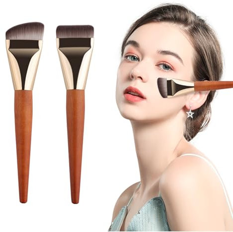 Lilbitty Lot de 2 pinceaux à fond de teint avec manche en bois - Pinceau de maquillage ultra fin - Cadeau de beauté pour femmes et filles - Pinceau à poudre pour fond de teint liquide pour femme