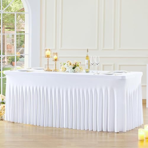1-Pack Weiß Spandex Elastisch Tischdecke mit Rock, Faltenfreie Fitted 1.8m Rechteck Tische Weißer Stretch Tischdecken für Parteien Hochzeiten Geburtstag Bankett Baby Dusche