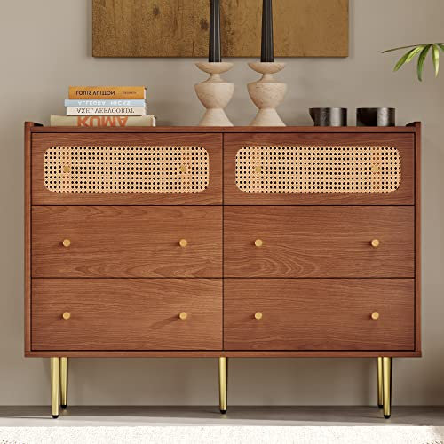 SUKY Schubladenkommode Kommode 90 * 120 * 40CM mit 6 Schubladen, Rattan Sideboard Highboard für Schlafzimmer & alle Wohnräume, Nussbaum