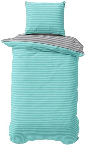 Visaggio Bettwäsche 135x200 cm 2 teilig Türkis Grau Bettbezug Set Damast Gestreift Garnitur Wendebettwäsche Polycotton Baumwolle/Polyester