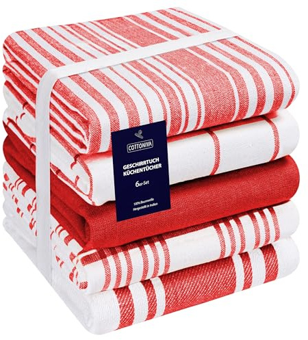COTTONIVA Set von 5 Küchentücher - 100% Baumwolle Geschirrtuch - für Restaurant, Bar, Glas - Saugfähige Maschinenwaschbar Küchentücher mit Aufhängeöse - 40x70 cm Rot