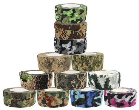 12Pcs Camo Self‑Adhesive Bandage Wrap, Breathable Camouflage Tape Rolls | Stealth Wrap for Hunting Camping Gear, Rifle, Camera Lens & Sports Protection