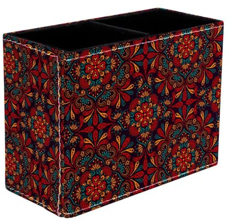 VAPOKF Retro Mandala Boho Indian Vintage Pen Holder for Desk, 2 Compartments Pen Pot Pencil Holders Makeup Brushes Storage Desktop Stationary Supplies Organiser for Home Office
