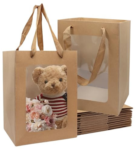 YDHfdc Bolsas de Papel con Asas 10 Piezas Bolsa de Regalo con Ventana Bolsas Papel Kraft Bolsas de Regalo de Papel para Empacar Regalos de Banquete, Dulces, Galletas