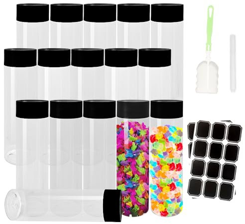 BiBOTLSFLY Lot de 16 bouteilles de jus en plastique transparent réutilisable avec couvercles noirs, idéales pour l'eau, le jus, le lait et d'autres boissons faites maison - 500 ml