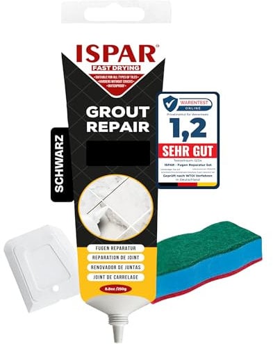 Ispar Tile Grout, 250 g Black Grout Reviver, Fast Drying Premixed Grout Repair Kit with Spatula, Ideal for Bathroom, Kitchen & Floor Tiles Renewal