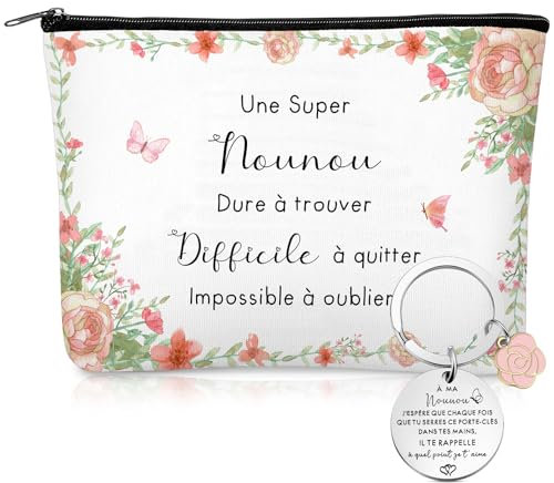 Xuniea 2 Pièces Cadeau de Remerciement Nounou Trousse Maquillage Porte-Clés Merci Cadeau pour Nounou Fin de Contrat Anniversaire(Nounou)