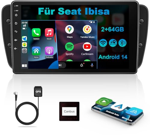 Lehwey Bluetooth Autoradio mit Bildschirm für Seat Ibiza 6j IV 2008-2014 mit Navi WLAN AM/FM, Apple Carplay, Android Auto, Lenkrad Strg, 2Din Android 13 Dab Auto Radio Touch Display 7 Zoll
