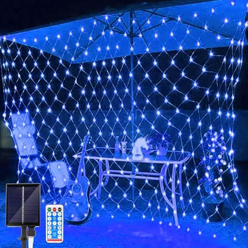 Suyoo 2m x 3m Solar Netzlichter | 192 LED Blaue Lichterkette | IP65 Wasserdicht | 8 Modi Fernbedienung | Gartenzaun Weihnachtsdekor