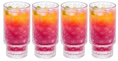 Henrrida 310ml Drinking Glasses Set of 4 Glass Tumblers,Retro Embossed Iced Coffee Cups, Glass Drinking Cups are Used for Juice, Cocktail Glasses, Iced Latte, Whiskey, Juice, Matcha Mixed Drinks