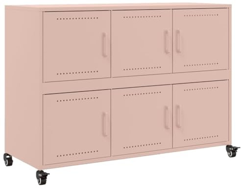 Makastle Sideboard Metall mit 4 Rollens & 6 Fächern, Metallschrank Aufbewahrungsschrank Wohnzimmerschrank Beistellschrank Mehrzweckschrank, Rosa 100,5x39x72 cm Stahl